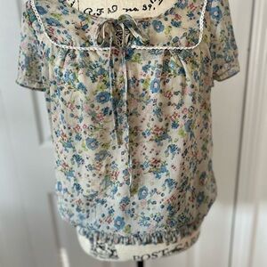 Romy Cream and Blue Blouse with Tie Front and Peter Pan Collar